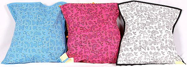 Lot of Three Kantha-embroidered Cushion Covers from Ranthambore with Block-Printed Wildlife All-Over