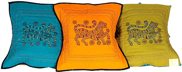 Lot of Three Cushion Covers from Ranthambore with Block-Printed Tiger and Kantha Stitch Embroidery