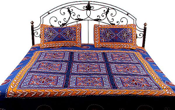Royal-Blue Gujarati Bedspread with Hand-Embroidery All-Over