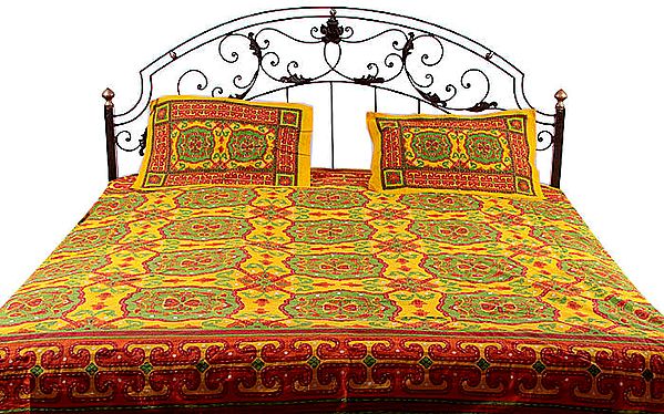 Yellow and Green Kantha Stitch Bedspread