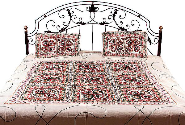 Ivory Gujarati Bedspread with All-Over Embroidery
