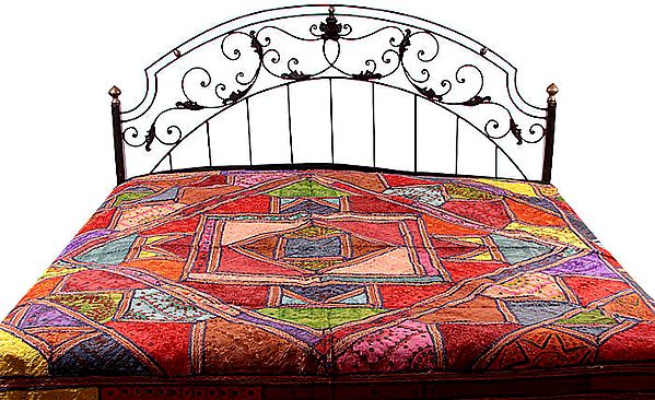 Multi-Color Bedcover from Kutch with Mirrors and Antique Thread Work