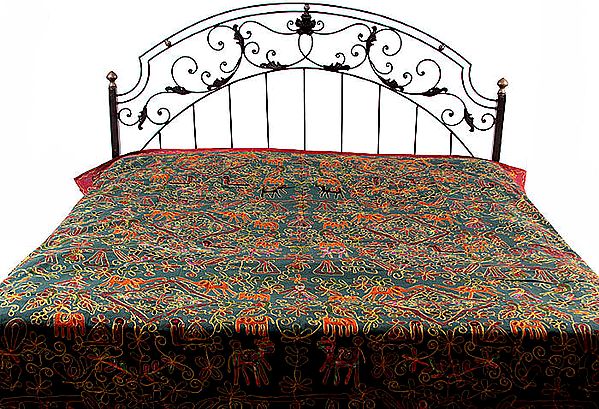 Dark-Green Gujarati Bedspread with All-Over Embroidered Wildlife