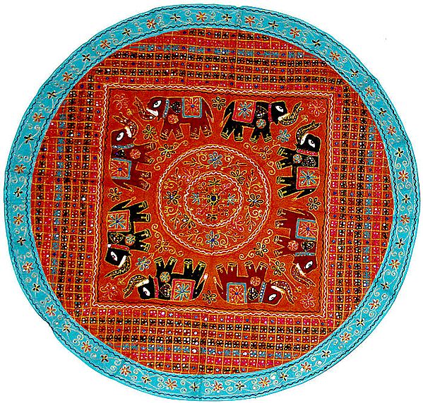 Light-Brown Round Table Cover from Barmer with Embroidery and Mirrors