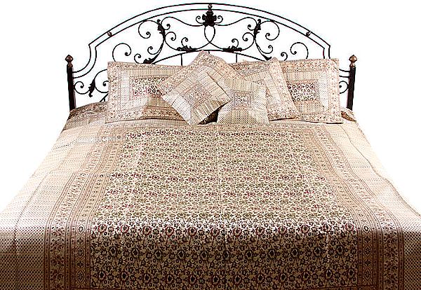 Ivory Seven Piece Pure Silk Banarasi Bedcover with Meenakari Flowers Woven by Hand