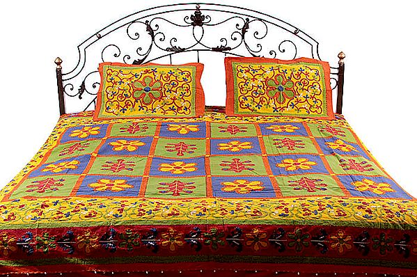 Floral-Printed Kantha Stitch Bedspread with Hanging Bells