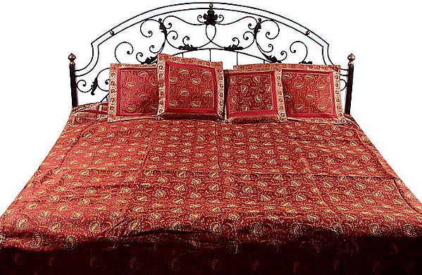 Red Brocaded Banarasi Bedcover with All-Over Embroidered Paisleys