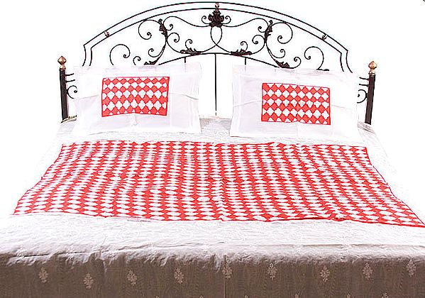 Red and Ivory Cutwork Bedspread with Lukhnavi Chikan Embroidery