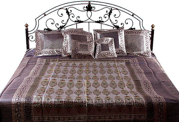 Gray and Blue Seven Piece Pure Silk Banarasi Bedcover with Meenakari Flower Pots Woven by Hand