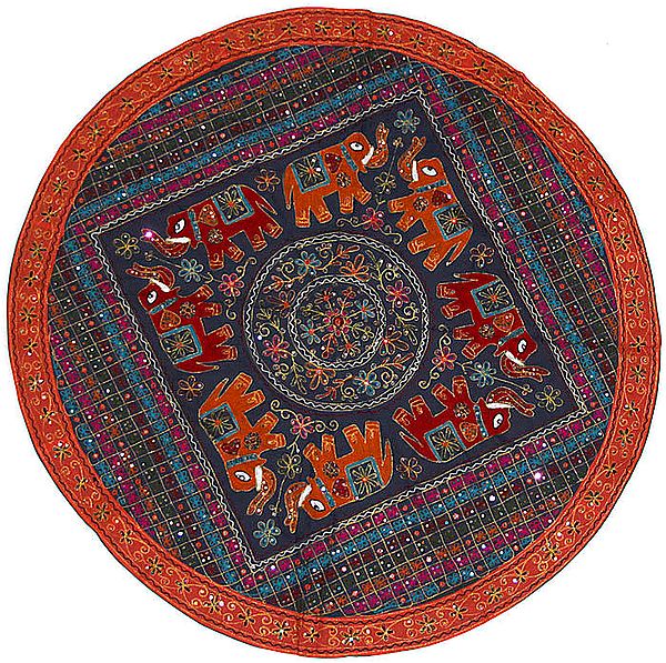 Gray Round Table Cover from Barmer with Embroidery and Mirrors
