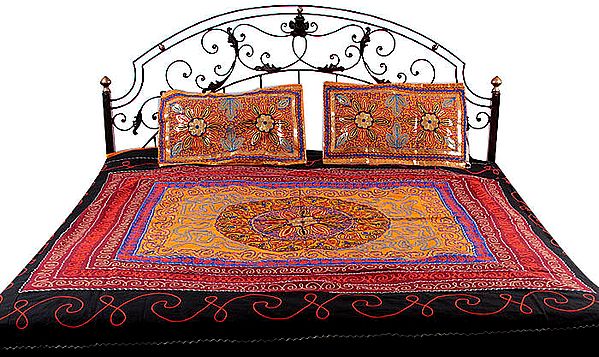 Multi-Color Gujarati Bedspread with All-Over Embroidery and Sequins