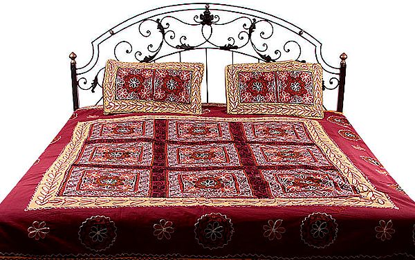Cordovan Gujarati Bedspread with Hand-Embroidery All-Over