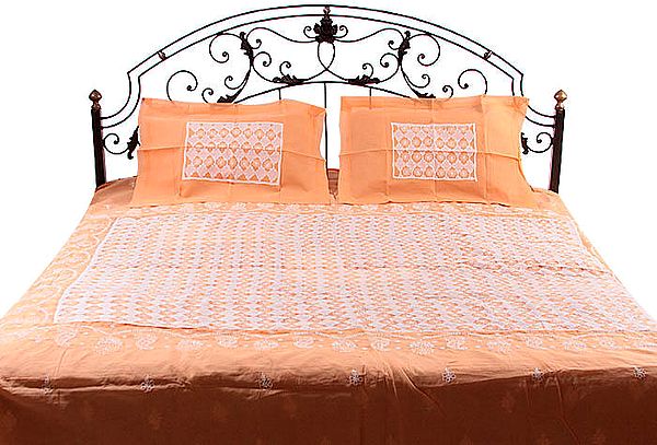 Orange and Ivory Cutwork Bedspread with Lukhnavi Chikan Embroidery