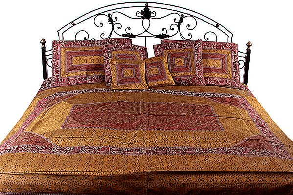 Mustard and Red Seven-Piece Banarasi Bedcover with Brocade Weave with Woven Elephants and Peacocks