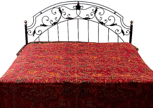 Cordovan Gujarati Bedspread with All-Over Embroidered Wildlife