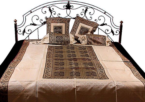 Ivory and Brown Five-Piece Single-Bed Banarasi Bedcover with Woven Flower Pots and Elephants