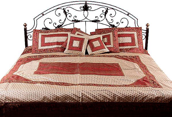 Burgundy and Ivory Seven-Piece Banarasi Bedcover with Brocade Weave with Woven Elephants and Peacocks