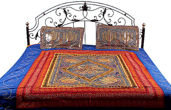 Lotus Gujarati Bedspread with All-Over Embroidery and Sequins