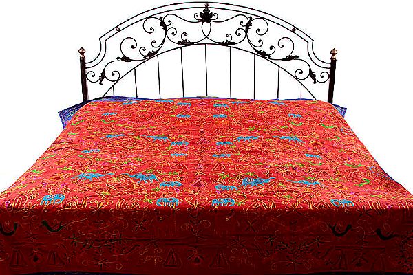 Red Gujarati Bedspread with All-Over Embroidered Wildlife