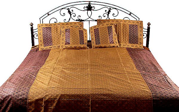 Mustard and Cordovan Tanchoi Bedcover from Banaras with All-Over Weave