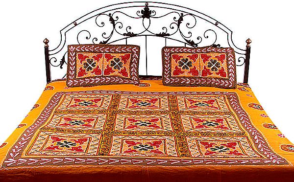 Orange Gujarati Bedspread with Hand-Embroidery All-Over