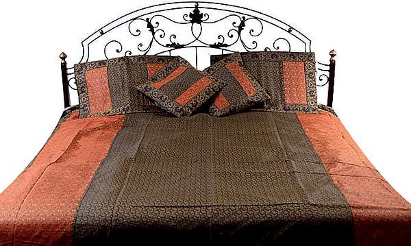 Black and Rust Tanchoi Bedcover from Banaras with All-Over Weave