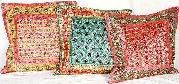 Lot of Three Brocaded Cushion Covers with Hand-Embroidered Beads