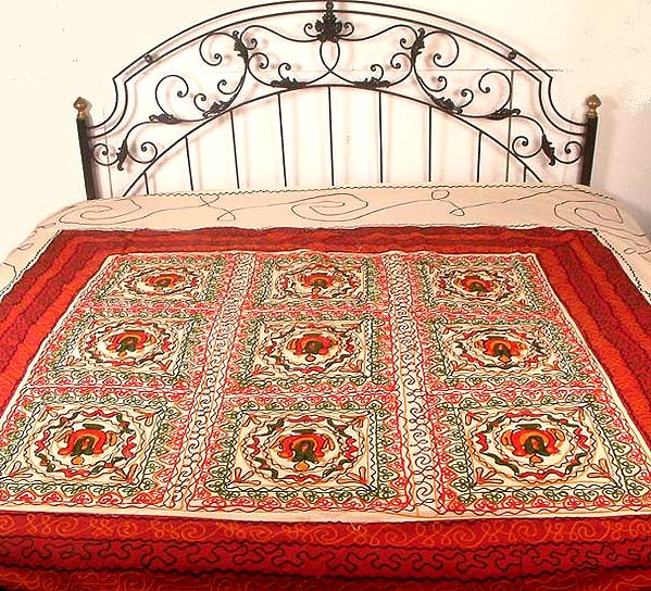Beige and Red Gujarati Bedspread with Mirror Work