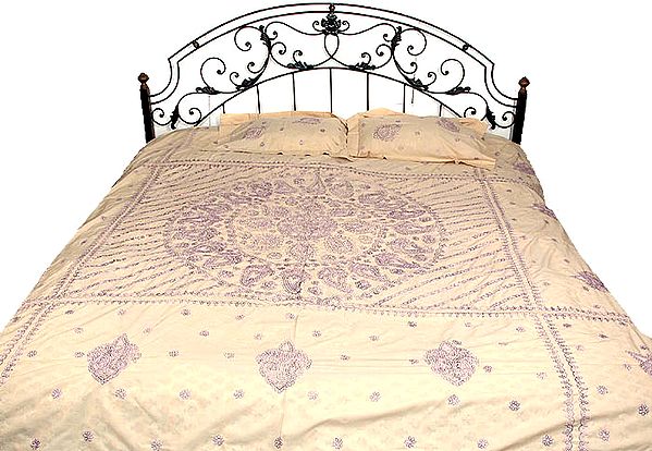 Beige Bedspread with Lavender Lukhnavi Chikan Embroidery