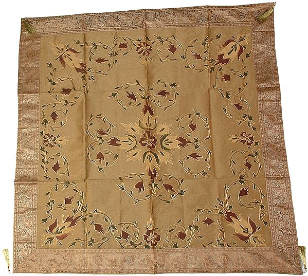 Beige Floral Table Cover with Golden Thread Work and Brocaded Border