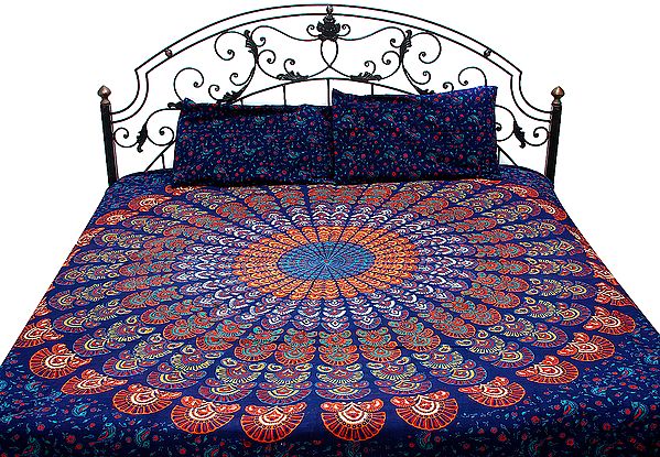 Bijou-Blue Bedspread from Pilhuwa Hand-Printed with Vegetable Dyes