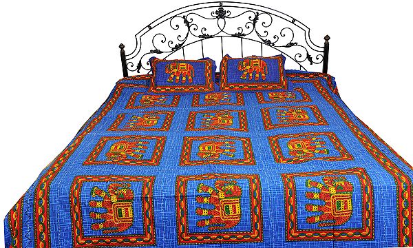 Bijou-Blue Sanganeri Bedspread with Printed Elephants and Kantha Stitch