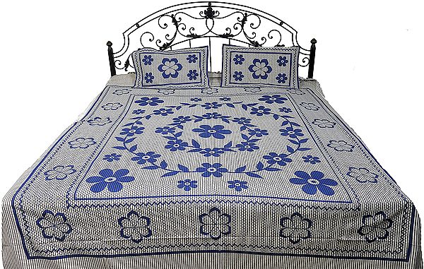 Bijou-Blue Striped Bedspread from Pilkhuwa with Printed Flowers