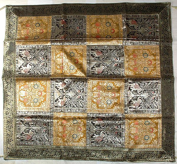 Black and Golden Brocaded Patchwork Table Cover from Banaras with All-Over Golden Thread Weave