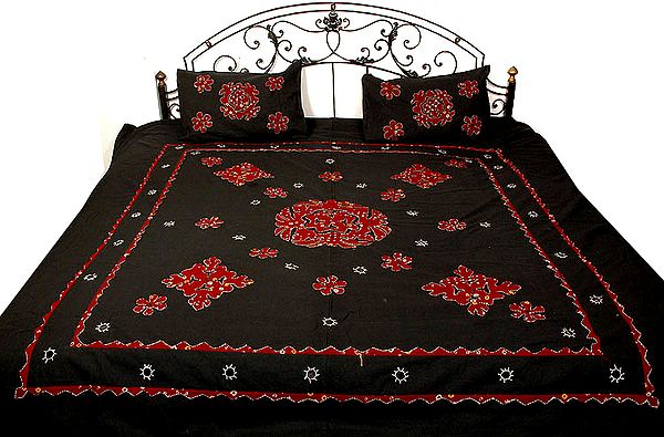 Black and Maroon Bedspread with Appliqué Work