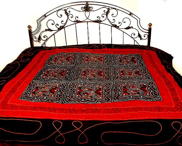 Black and Maroon Bedspread with Embroidery and Mirrors