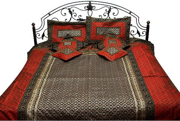 Black and Red Banarasi Bedspread with All-Over Brocaded Flowers