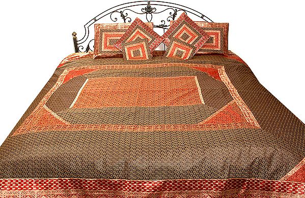 Black and Red Seven Piece Banarasi Bedcover with All-Over Tanchoi Weave