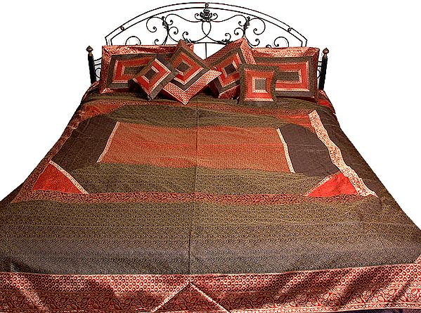 Black and Red Seven Piece Banarasi Bedcover with Patch Work