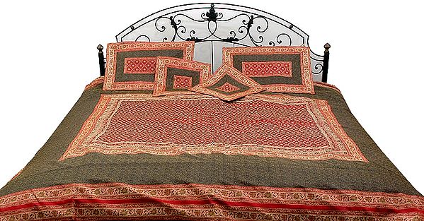 Black and Red Tanchoi Bedcover from Banaras with All-Over Weave