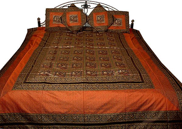 Black and Rust Seven-Piece Banarasi Bedcover with Woven Peacocks