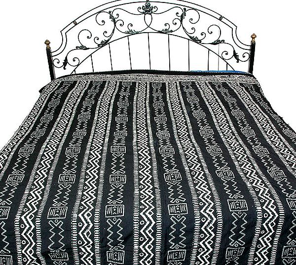 Black and White Sanganeri Bedspread with Kantha Stitch