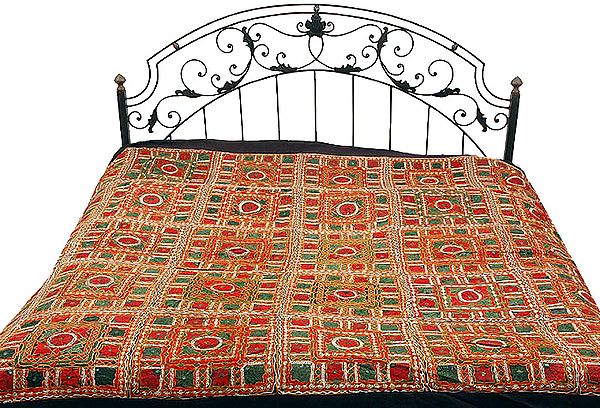 Black Bedcover from Kutch with All-Over Embroidery and Mirrors