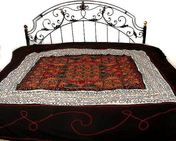 Black Bedspread with Embroidery and Mirrors
