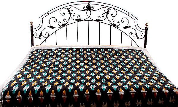 Black Bedspread with Ikat Weave Hand-Woven in Pochampally