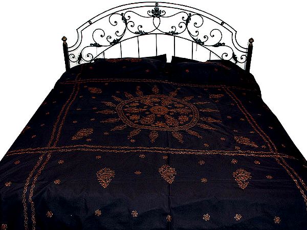 Black Bedspread with Lukhnavi Chikan Embroidery