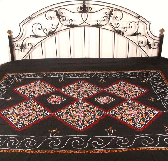 Black Bedspread with Multi-Color Embroidery