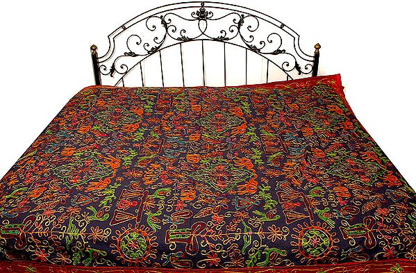 Charcoal-Black Gujarati Bedspread with All-Over Thread Work