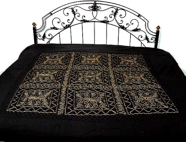Black Gujarati Bedspread with Hand-Embroidery