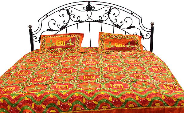 Block-Printed Orange and Green Kantha Stitch Bedspread